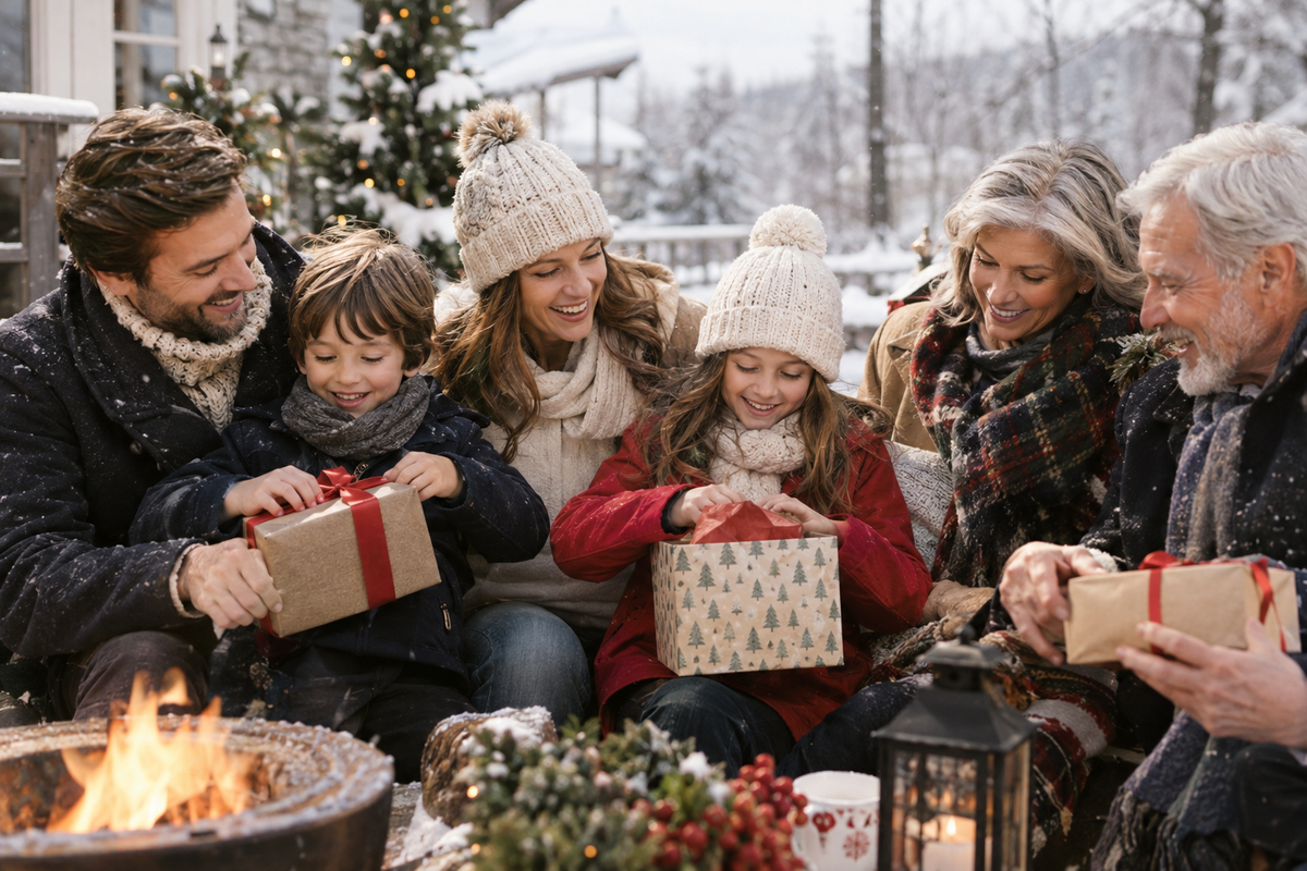 Familia recibiendo regalos en invierno